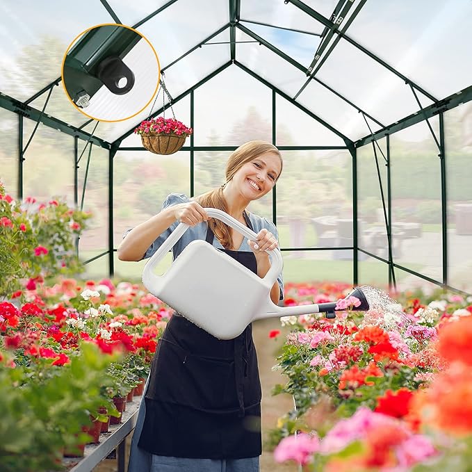 EAGLE PEAK 6x8x7 Outdoor Walk-in Hobby Greenhouse with Adjustable Roof Vent and Rain Gutter, Base and Anchor, Polycarbonate Aluminum Green House for Backyard Garden, Dark Green