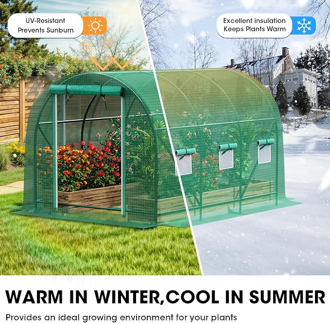 Grezone Walk-in Greenhouse Upgraded Green House with Dual Zippered Screen Doors & 6 Screen Windows Heavy Duty Plastic Plant Warm House with Reinforced Frame (10x7x7 FT)