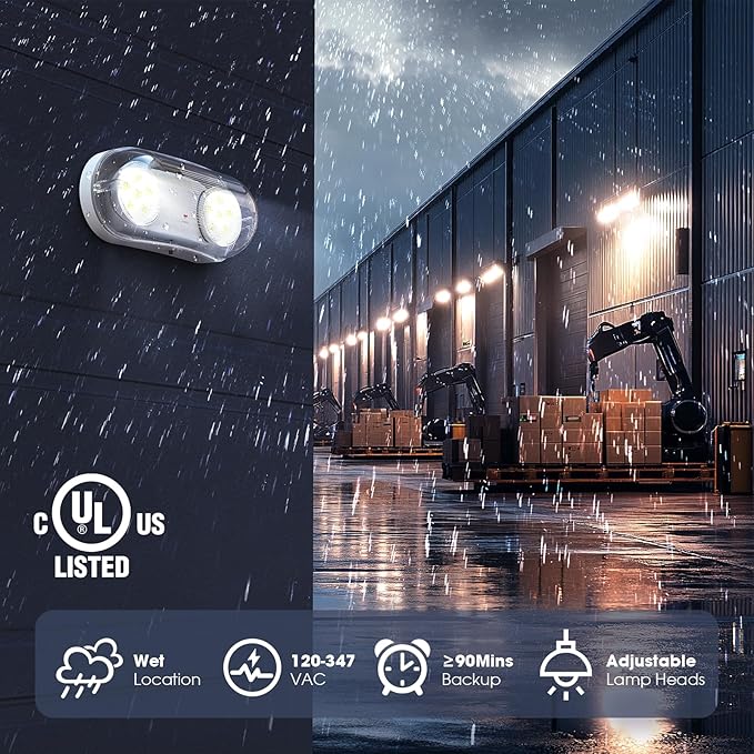 Wet Location Rated Outdoor Emergency Light,Waterproof Exterior Led Emergency Lights with Battery Backup,Adjustable Heads,Commercial Hardwired Emergency Lighting,UL Listed,120-347V (6 Pack)