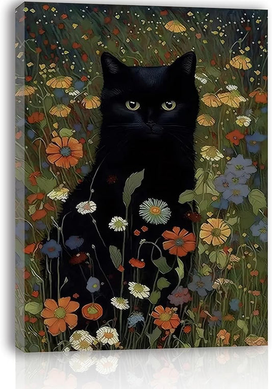 Gothic Black Cat Wall Art - Framed Canvas Print of Mystic Garden, Dark Academia Decor, Witchy Bathroom & Bedroom Art, Memorial Gift for Cat Lovers, 11.5x15 Inch