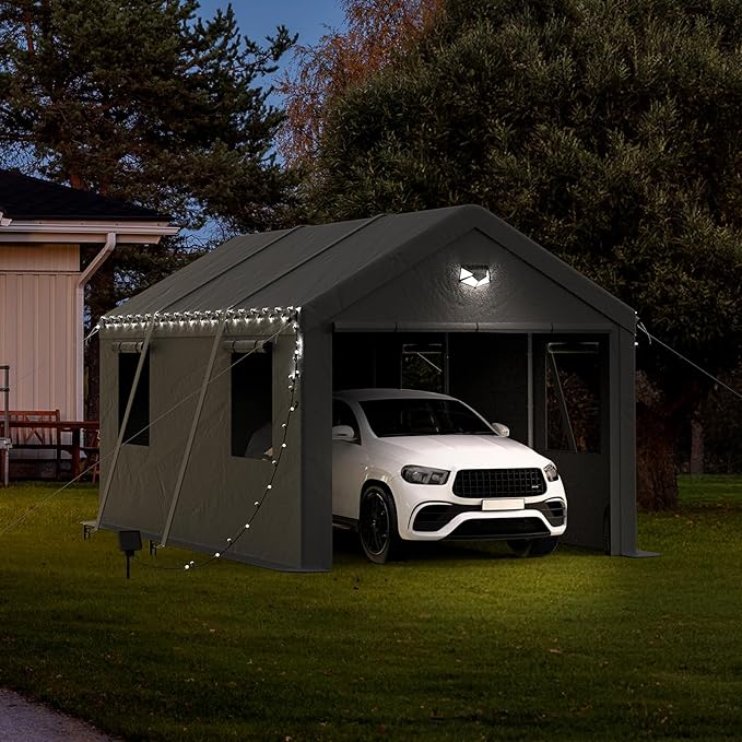 10x16 Carport Canopy, Heavy Duty Car Port, Portable Car Ports Garage with 2 Roll-Up Zipper Drive Through Doors, Grey