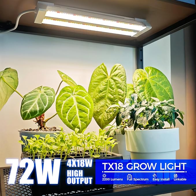 Barrina TX18 1FT Grow Light, 72W(4 x 18W, 360W Equivalent), High PPFD, Full Spectrum with 660nm Red LEDs, Grow Light Strip for Indoor Plants with On/Off Switch, Mechanical Timer, Linkable, 4 Packs