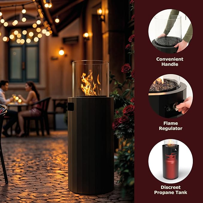 Planika BINO Outdoor Gas Fireplace - Black Fire Column with Glass Shield for Patio or Gardens (Outdoor Cover Incl)