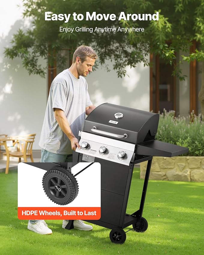 VEVOR Gas Grill, 3 Burner Propane Gas Grill with Spacious 338 SQ.In Grilling Area, Carbon Steel Enamel Grates, Outdoor 36,000 BTU Patio Garden BBQ Grills with Foldable Side Shelves, Carbon Steel