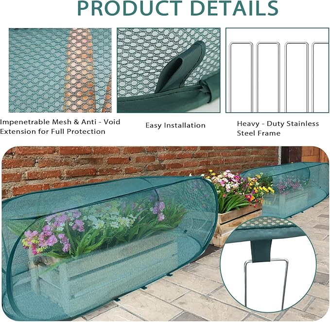 4Pcs 39" x 17" x 16.5" Mesh Pop up Garden Rows Plants Cover with 32 Ground Stakes and 100Pcs Plant Support Clips,Vegetable Mesh Plant Protector Net Cage Guard