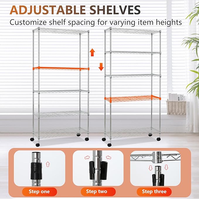 FDW | 5-Tier Wire Storage Shelves with Wheels | 30"x14"x61" | Chrome | Adjustable Racks | Heavy-Duty Metal Shelf, Holds Upto 220 lbs | Tool-Free Assembly, Rust-Resistant | for Home & Garage Shelving