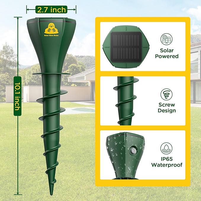 Mole Repellent Solar Powered 4 Pack, Snake Vole Repellent Outdoor, IP65 Waterproof Snake Deterrent Gopher, Waterproof Sonic Mole Spikes for Lawn and Garden, Get Rid of Moles, Groundhogs, and Rodents
