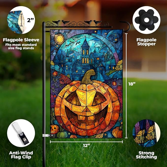 Halloween Garden Flag 12x18 – Double Sided Burlap Flag with Pumpkin & Stained Glass Design –Fall Outdoor Yard Decor for Halloween