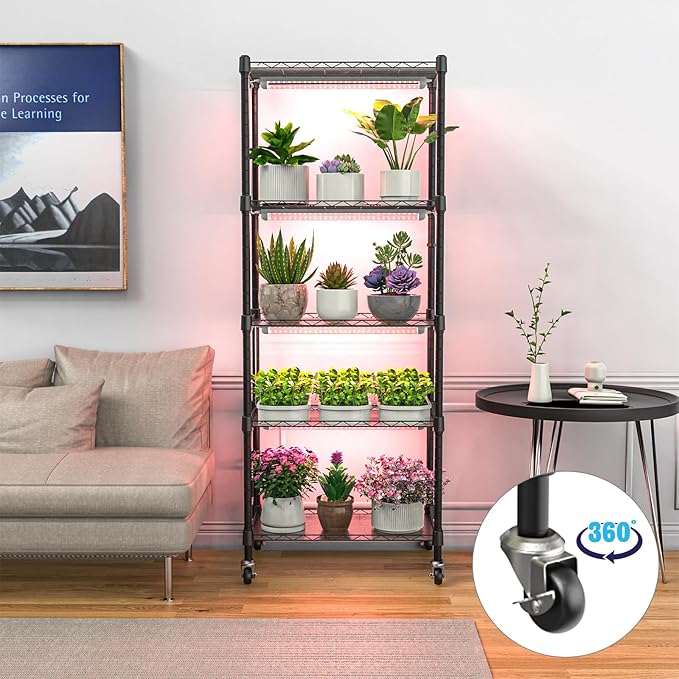 Plant shelf with grow light, 5-Tier metal Plant Stand with 4-Pack 72W Full Spectrum Grow Lights, Auto Timer，Ladder Flower Pot Stand indoor 23.2" L x 13.4" W x 61.4" H