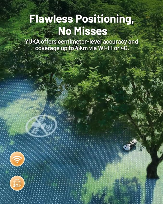 YUKA 2000 Robot Lawn Mower with 4G, Reception 0.5 Acre,Max. 0.7 Acre, Ultrasense AI Vision & RTK, Auto Mapping & App Control,45% Slope,Wireless Perimeter,Dual Cutting Discs, 20 Mowing Zones