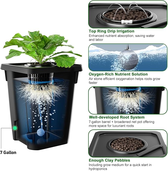 RDWC Hydroponics Grow System 4 Site + Reservoir, 7-Gallon Top Drip Recirculating Deep Water Culture Hydroponic Bucket System, Hydroponics Growing System Kit with Water Pump, Air Pump