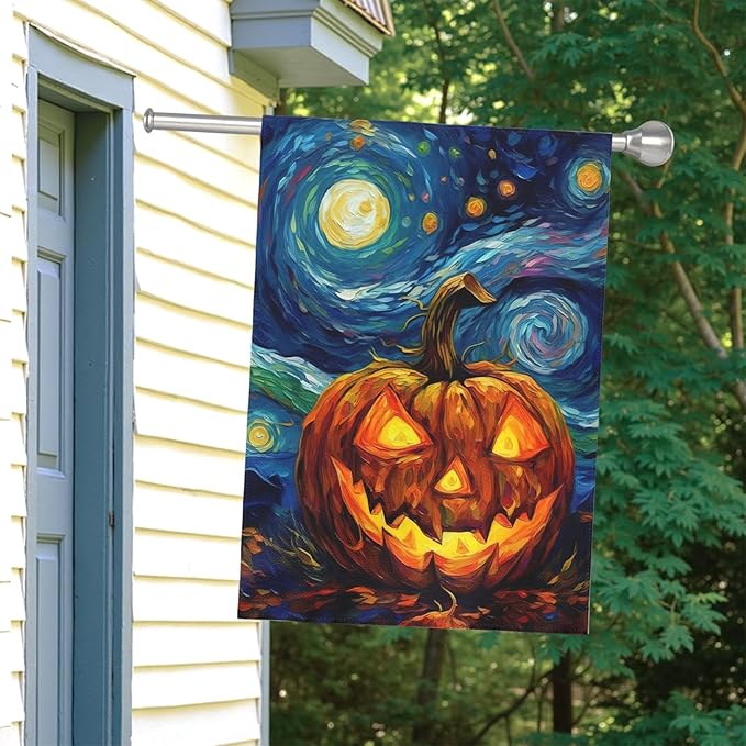 Halloween Garden Flag Pumpkin House Banner Van Gogh Garden Flags Arts Starry Night Sky Moon Yard Flags Double Sided Fall Porch Patio Farmhouse Outdoor Yard Window Decorative 28 x 40 Inch