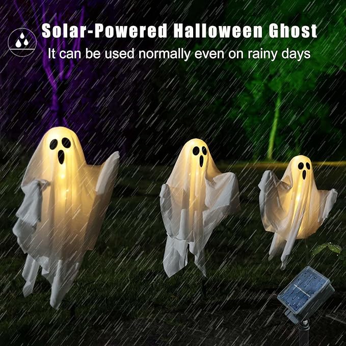 Solar Powered Halloween Decorations, 3 Pack Light Up Ghost Outdoor Path Pathway Kit Walkway Driveway Warm White Led Lights Solar Power Scary Yard Stakes Garden Lawn Decor
