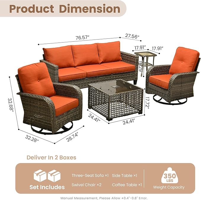 HOOOWOOO Outdoor Patio Furniture Set,5 Pieces Wicker Conversation Set,All Weather Couch Set with Swivel Chairs Solar Light Table 5 Seaters for Out Door Yard(Brick Red)