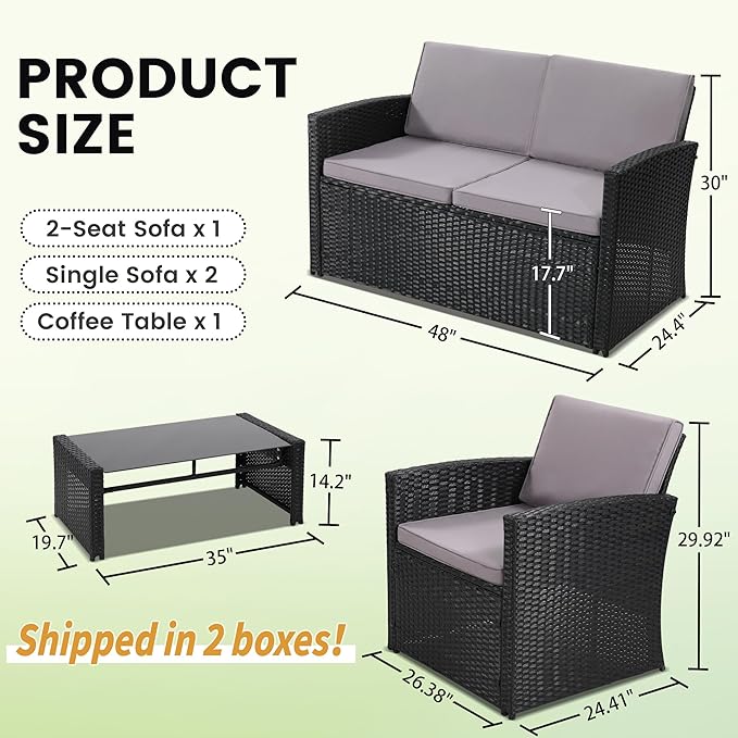 4 Pieces Patio Conversation Set, Outside Rattan Sectional Sofa, Cushioned Furniture Set, Wicker Sofa Ideal for Garden, Porch, Backyard, Black Color Rattan and Light Grey Cushion