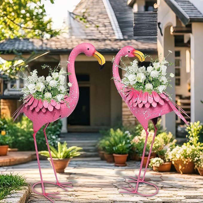 WONDER GARDEN Pink Flamingo Statue-Flamingo Planter Flower Pots - 2 Pack Flamingos Garden Statues Sculptures, Metal Birds Yard Art for Pond, Patio, Outdoor, Porch Decor