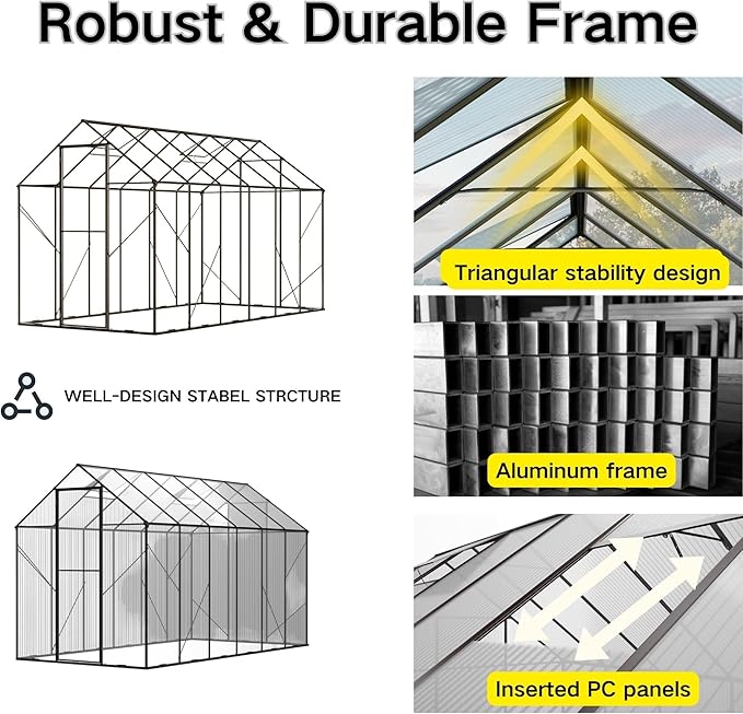 Kingdura 8x12ft Walk-in Greenhouse for Outdoors, Large Polycarbonate Greenhouses with Heavy Duty Aluminum Frame, Adjustable Roof Vent, Lockable Door, UV Protection for Outside Garden Backyard