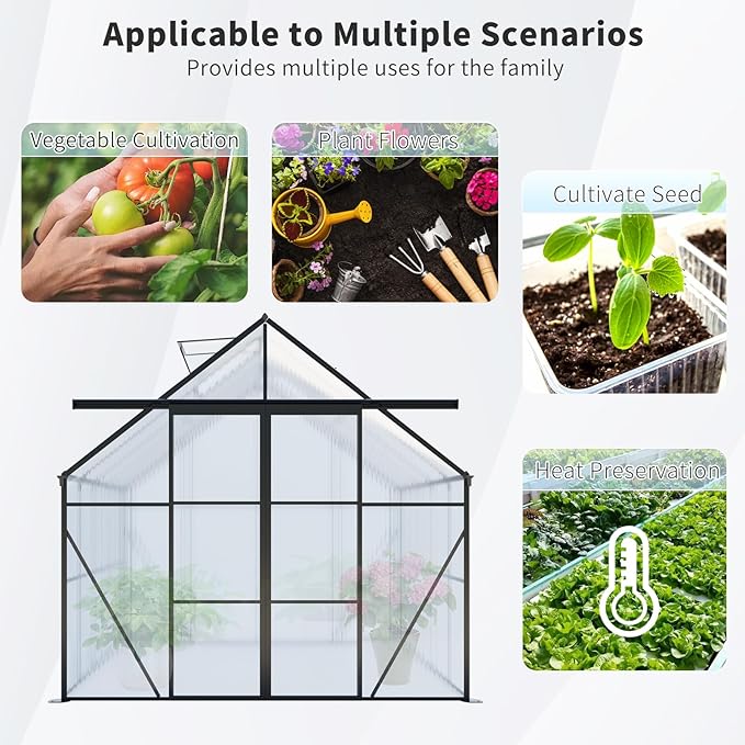 KEIKI 8x6 FT Double Door Upgrade Polycarbonate Greenhouse with Aluminum Frame,Raised Base and Roof Vent,Walk-in Greenhouses for Patio Garden
