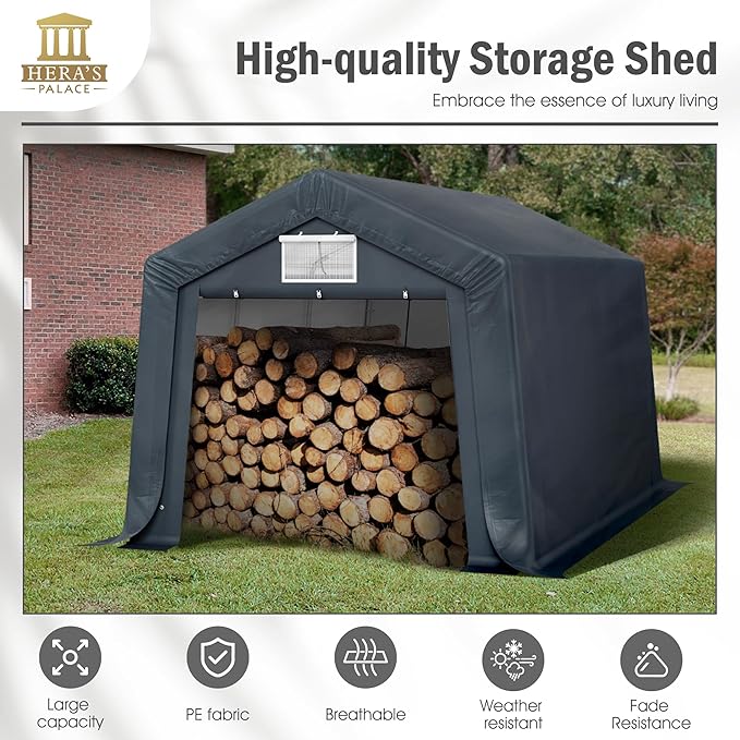 HERA'S PALACE 10x15ft Outdoor All-Season Portable Storage Shelter Shed Car Canopy Carport with 2 Roll up Zipper Doors Garage Kit Tent for Motorcycle Garden Tools