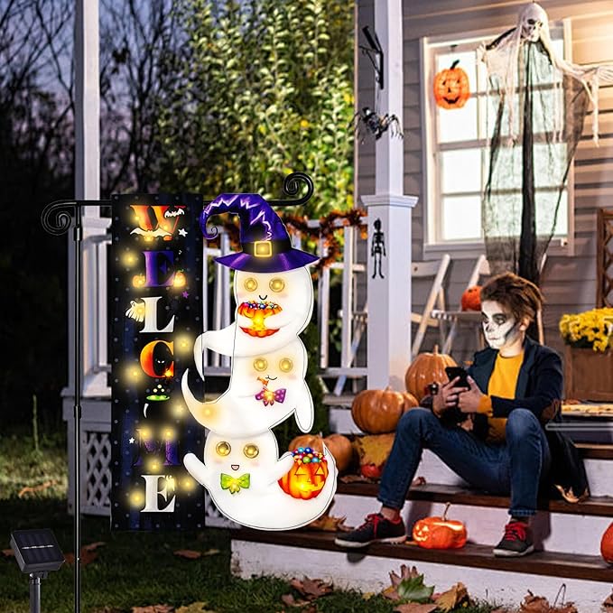 Halloween Lighted Garden Flag, Solar Yard Flag for Outside, 8 Modes Double Sided Welcome Halloween Ghost Outdoor Decorations for Home Porch (Ghost-28x40)
