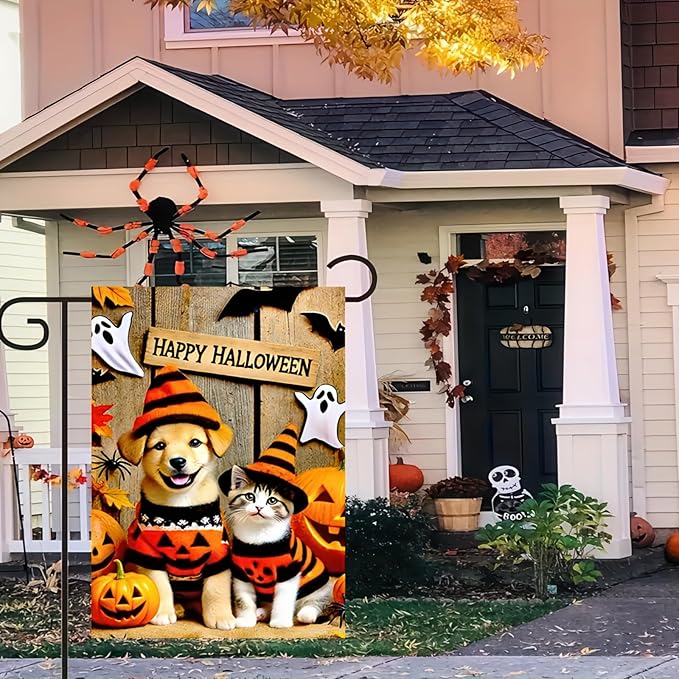 Happy Halloween Garden Flag Double Sided 12x18 Flag Cute Cat And Dog Pumpkin Garden Flag Sweaters And Witch Hats Jack-O'-Lanterns And Ghosts Outdoor Yard Lawn Decoration Banner