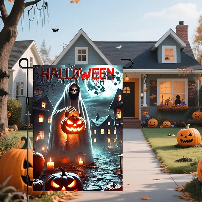 IVN Spooky Halloween Ghost Garden Flag 12x18 Inch Double Sided Frightful Character Outdoor Yard Decor Patio Accent with Pumpkin Lantern Design for Festive Lawn Ornament and Home Decor