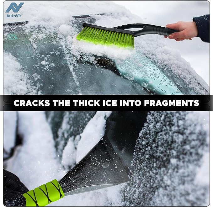 27" Snow Brush and Ice Scrapers for Car Windshield (1 Pack), Window Ice and Snow Scraper with Ergonomic Foam Grip, Snow Windshield Scraper with Aluminum Body, Winter Car Accessories (Green)