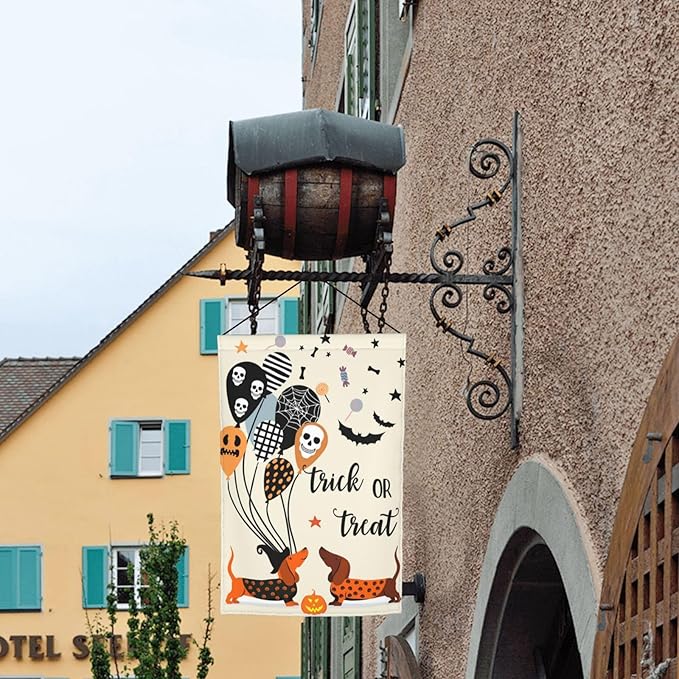 Dachshund Bat Skull Dog Halloween Garden Flag Welcome Party Outdoor Outside Decorations Picks Home House Garden Yard Decor 12x18 Inch