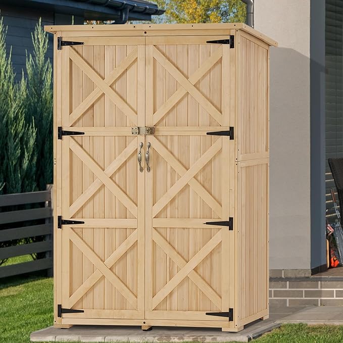 Macrout Outdoor Storage Cabinet, Wooden Storage Shed with Lock, Outside Garden Tool Shed with 2 Doors for Patio Yard Lawn, 1933 (Large)