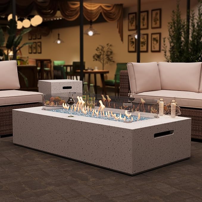 3-Piece Outdoor Propane Fire Pit Table Set – Premium Terrazzo-Like MgO Finish, 56-Inch Gas Fire Table with Tank Table & Glass Wind Guard for Patio, Garden & Backyard, Includes Rain Cover & Glass Beads