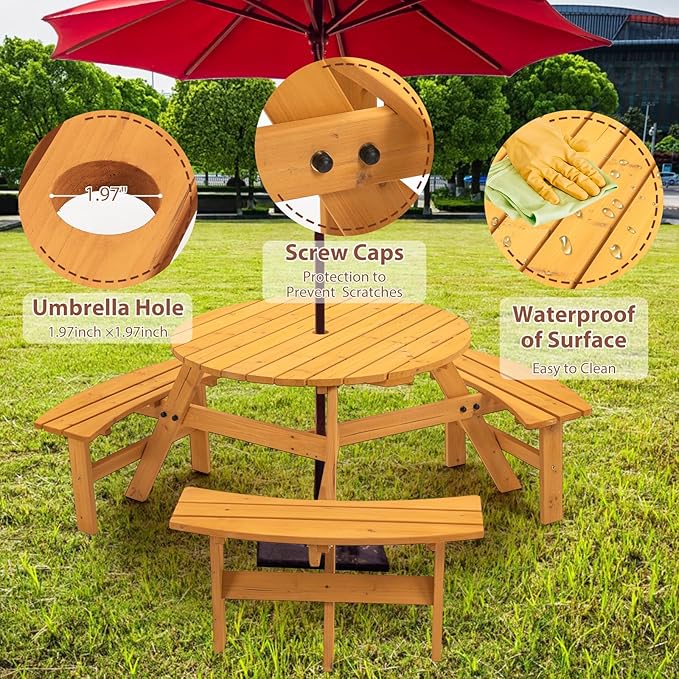 6-Person Outdoor Circular Wooden Picnic Table with 3 Built-in Benches Camping Dining Table for Garden Patio Backyard,Natural Color