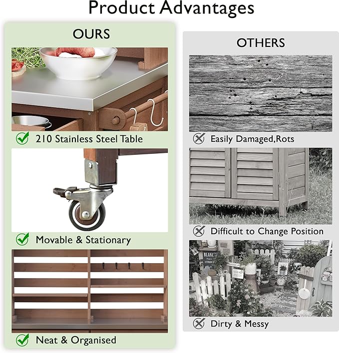 Polibi 64.9" H Outdoor Potting Bench Table with Lockable Wheels,Solid Fir Wood Outdoor Kitchen Island with Upper Hutch,Stainless Steel Top,Towel Rack,Outdoor Storage for Grilling,Lawn Garden(Brown)