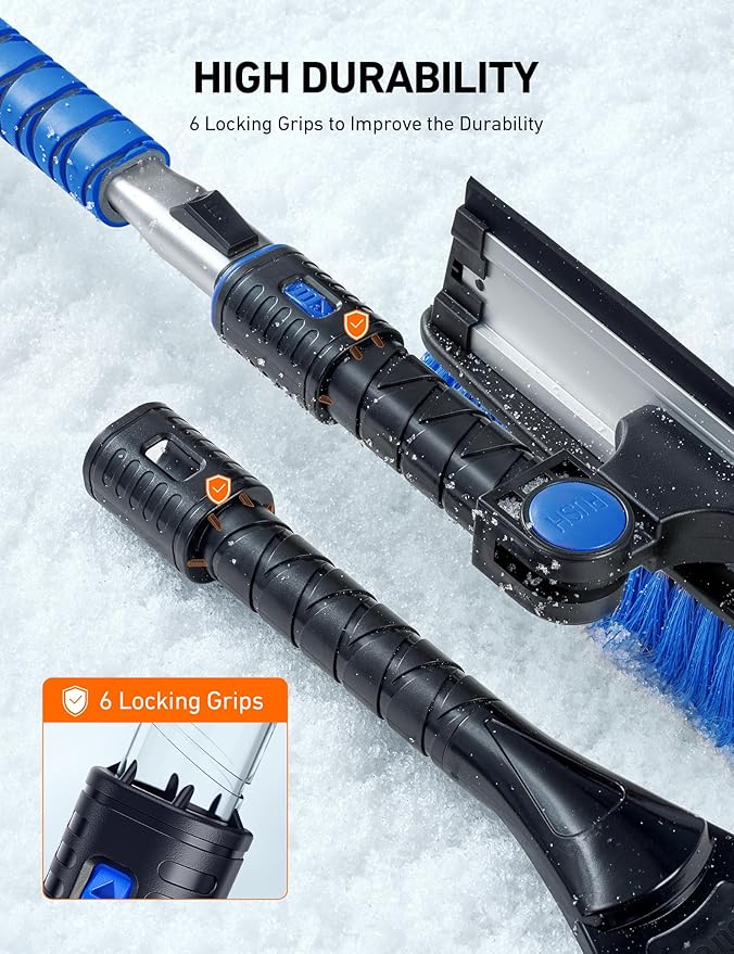 AstroAI 47.2" Ice Scrapers for Car Windshield, 3 in 1 Sturdy Snow Brush with Squeegee, 10 Adjustable Length Settings, Extendable Aluminum Handle, 180° Pivoting Snow Scraper for Car, Truck, SUV(Blue)