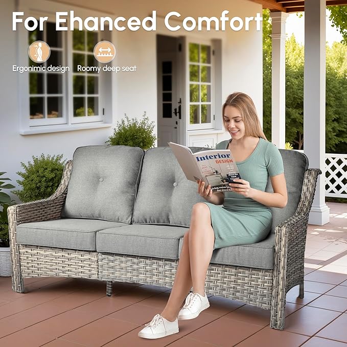 6 Pieces Patio Outdoor Furniture Set,All Weather Wicker Rattan Patio Seating Sofa and Chair Set w/Ottoman and Glowing Coffee Table,Outdoor Conversation Sets for Deck Yard Garden,Dark Grey
