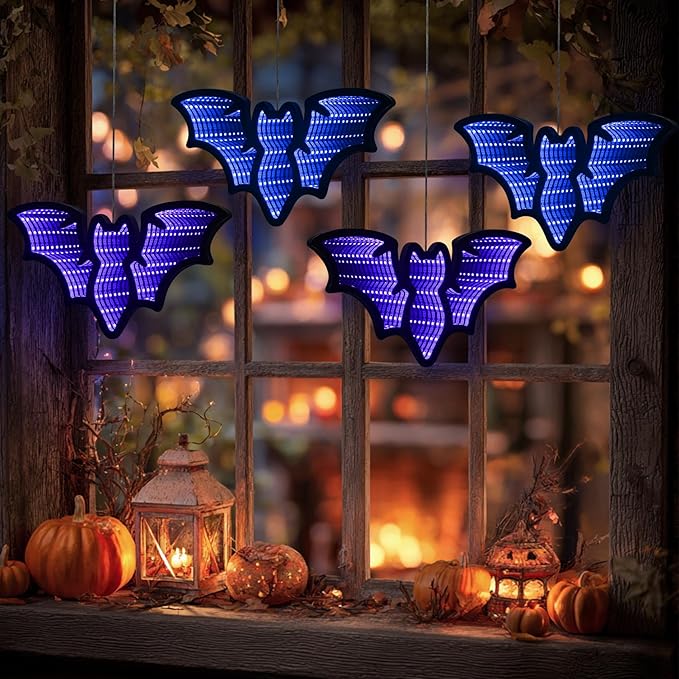 Halloween Décor 4 Bats Infinity Lights with USB Powered, 10.42FT 3D Infinity Mirror String Lights, Halloween Indoor Decorations for Window Wall Outdoor Party Room