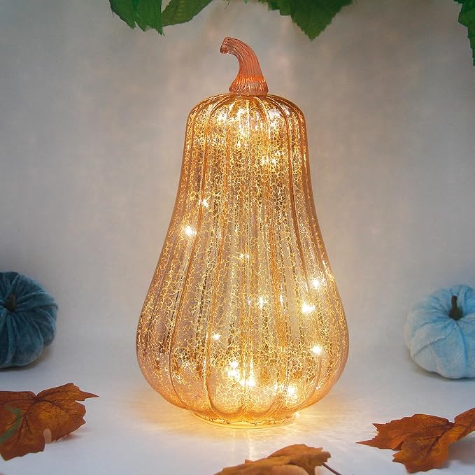 Mercury Glass Pumpkin Lights with Timer, Battery Operated Led Pumpkin Lights for Halloween Fall,Thanksgiving Rustic Decor (Rosegold Common, 11")