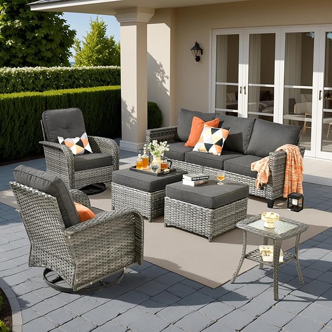 HOOOWOOO Outdoor Patio Furniture Set,6 Pieces Wicker Conversation Set,All Weather Couch Set with Swivel Chairs Ottoman Side Table 7 Seaters for Out Door Yard(Black)
