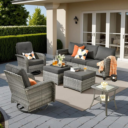 HOOOWOOO Outdoor Patio Furniture Set,6 Pieces Wicker Conversation Set,All Weather Couch Set with Swivel Chairs Ottoman Side Table 7 Seaters for Out Door Yard(Black)
