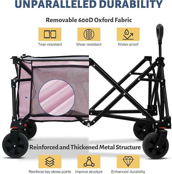 Collapsible Folding Wagon Cart, 220LBS Heavy Duty Foldable Utility Garden Cart with All Terrain Wheels & Side Storage Bag, Portable Sports Wagon for Camping, Shopping, Garden. (Pink)