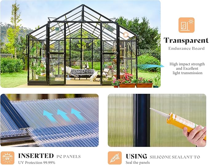 AMERLIFE 12x13.5x9 FT Hybrid Polycarbonate Greenhouse with Quick Connector Fast Assembly Clear Panels, Walk-in Large Aluminum Greenhouses for Outdoors, Swing 2 Doors 4 Vents, Black