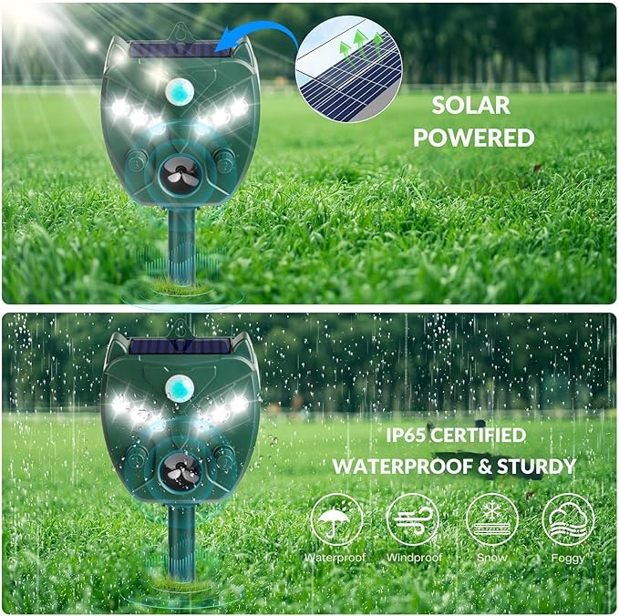 Solar Ultrasonic Animal Repellent Outdoor - NAVISOVL - Cat, Squirrel, Deer Repeller, Motion Sensor&Flashing Light, Repel Dogs,Boar,Deer,Fox,Raccoon,Skunk,Rabbit,Bird Deterrent for Yard&Farmland