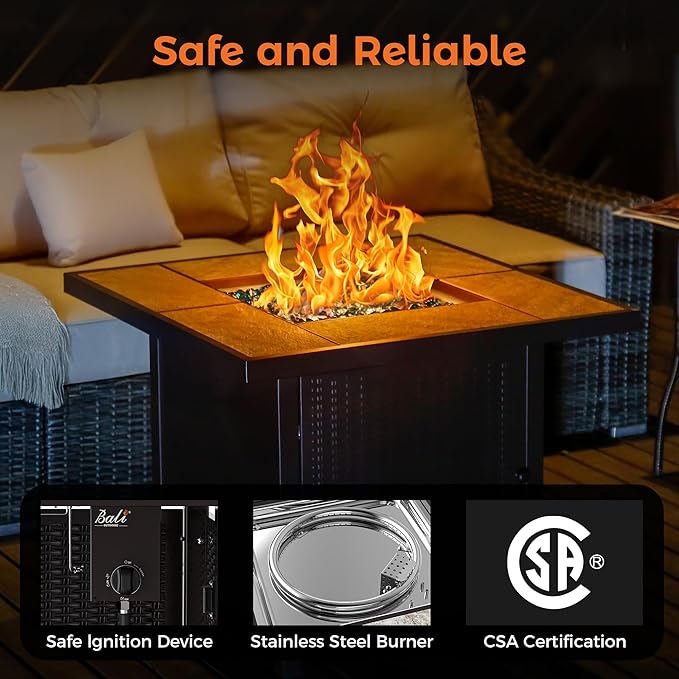 BALI OUTDOORS Propane Gas Fire Pit Table 32 inch 50,000 BTU Square Gas Firepits for Outside, Brown