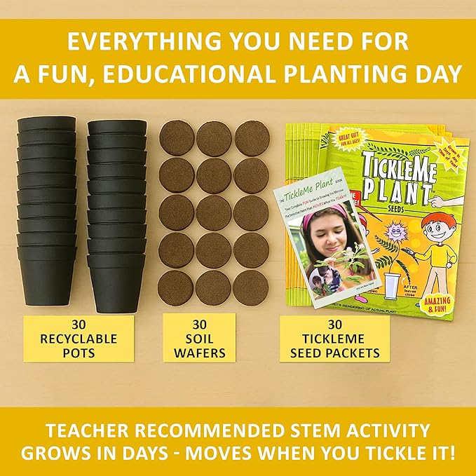TickleMe Plant Classroom or Homeschool Science Fun Planting Party Kit – for 30 Students – Grow a Sensitive Plant That Reacts to Touch – Includes Activity Book and Seeds for Kids to Plant