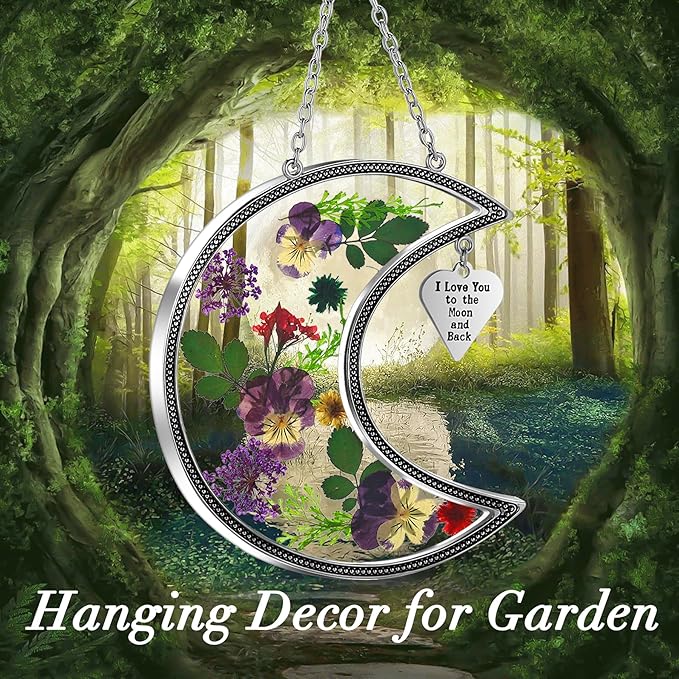KY&BOSAM Moon Suncatcher I Love You to The Moon and Back Stained Glass for Window Hangings Wind Chime Decor with Pressed Real Flower and Metal Charm Birthday Gift for Women Mom Mother`s Day Christmas