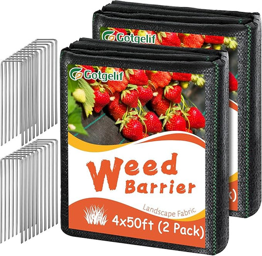 4FT x 100FT Weed Barrier Landscape Fabric, 3.2oz Premium Heavy Duty Lawn Garden Cloth, Woven Geotextile Ground Cover with 20 U-Shaped Pegs for Gardening, Farming, Driveway, Greenhouse(2 Pack 4x50ft)