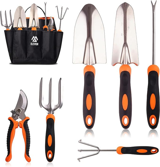 Gardening Tool Set, Stainless Steel Heavy Duty Gardening Kit with Ergonomic Handles, Durable Gardening Bag, Ideal Gardening Tool Set - Suitable for Men and Women (Orange, 7Piece)