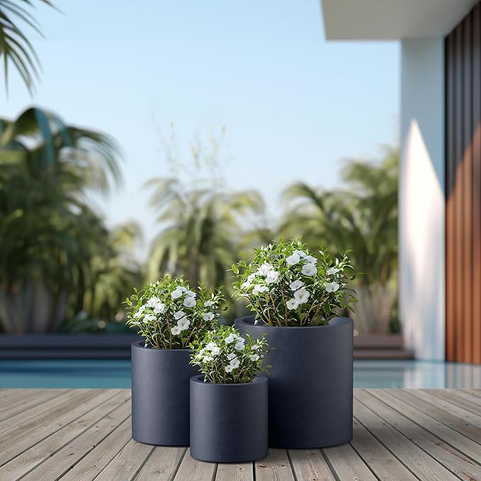 Kante 9.8",12.6",15.7" Dia Round Concrete Planter Set of 3, Modern Style Large Cylindrical Plant Pot with Drainage Hole and Rubber Plug for Indoor Outdoor Patio, Dark Gray