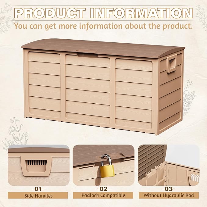 75 Gallon Outdoor Deck Box - Heavy Duty Resin Storage with Lockable Lid, UV Resistant for Patio Furniture Cushions, Pillows (Brown)