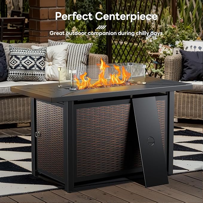 Luxury High Back Outdoor Furniture with 6-inch Extra Thick Cushions, Patio Furniture Set with Fire Pit Table & Swivel Chairs, 9 PCS Wicker Conversation Set for Yard, Deck, Poolside, Brown/Beige