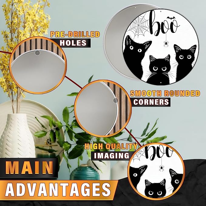 PEACHGARDEN Black Cat Halloween Metal Tin Sign Vintage Gothic Decor Boo Plaque Spooky Wall Art Retro Iron Painting for Home Porch Bar 8x8inch